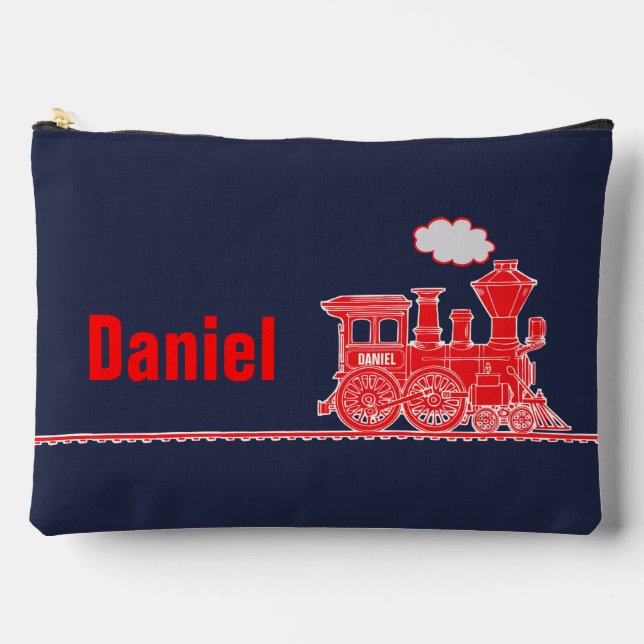 Red steam train kids named pencil case or accessory pouch (Front)
