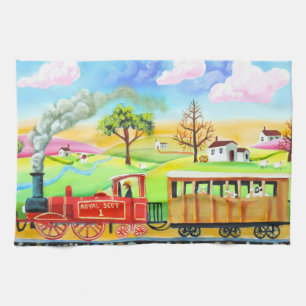 Red steam train naive folk art painting tea towel