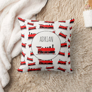 Red Steam Train Pattern Customised Name Cushion
