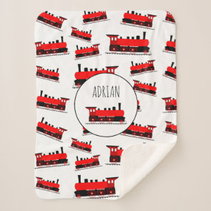 Red Steam Train Pattern Customised Name Sherpa Blanket