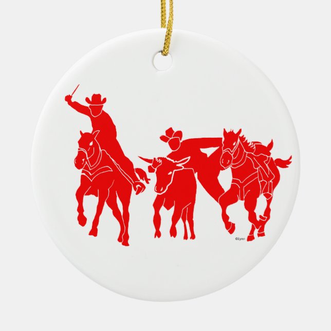 Red Steer Wrestler Ceramic Tree Decoration (Front)