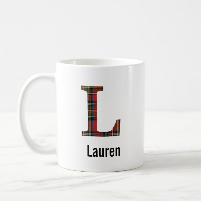 Red Stewart Plaid Monogram L Mug (Left)