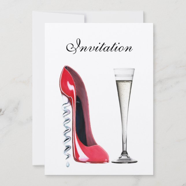 Red Stiletto Corkscrew Heel and Champagne Flute  I Invitation (Front)