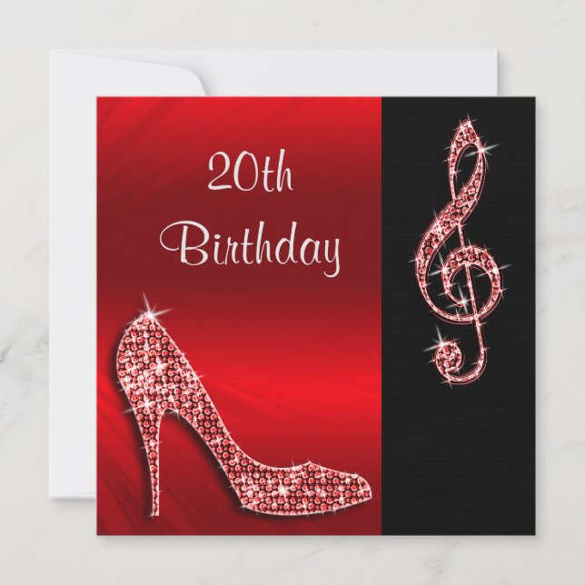 Red Stiletto & Treble Cleft 20th Birthday Invitation (Front)