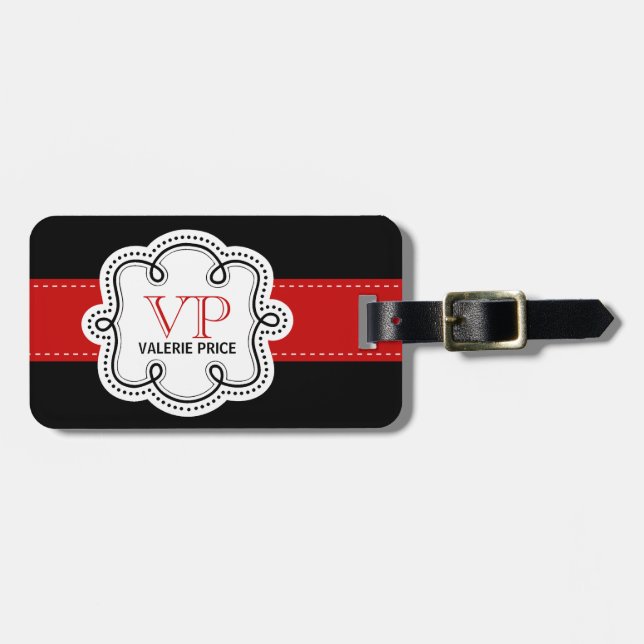 Red Stitched Ribbon Personalised Girly Monogram Luggage Tag (Front Horizontal)
