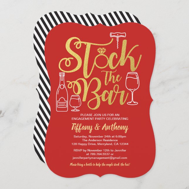 Red Stock the bar invitation engagement party gold (Front/Back)