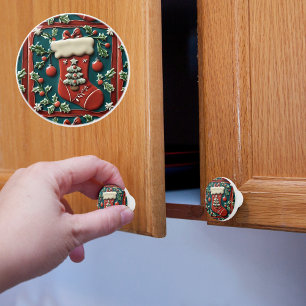 Red Stocking Christmas Ceramic Knob