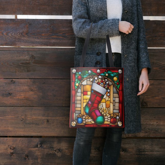 Red Stocking Faux Stained Glass Tote Bag (Creator Uploaded)