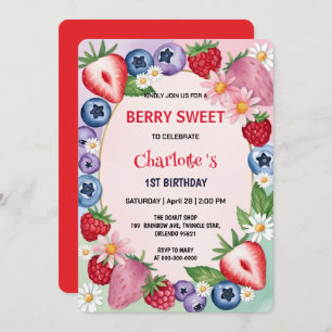 Red strawberries 1st Birthday Party for kids Invitation