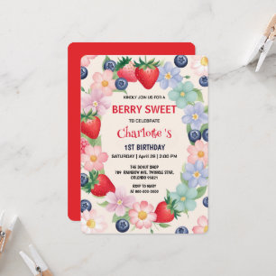 Red strawberries 1st Birthday Party for kids Invitation