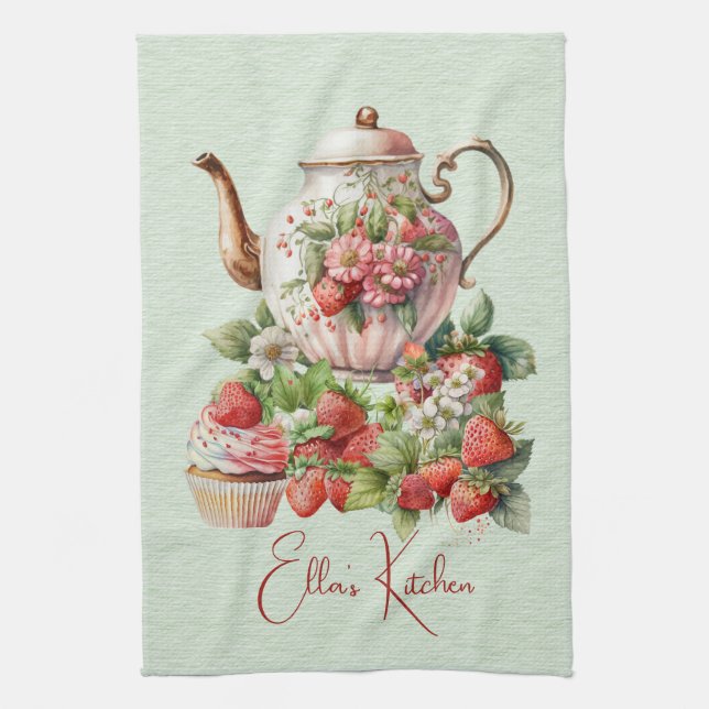 Red Strawberries and Desserts Tea Time Tea Towel (Vertical)