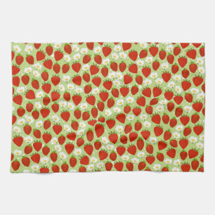 Red Strawberries and Flowers with Green Tea Towel