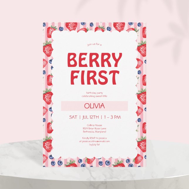 Red Strawberries Berry First 1st Birthday Party Invitation (Red Strawberries Berry First 1st Birthday Party Invitation)