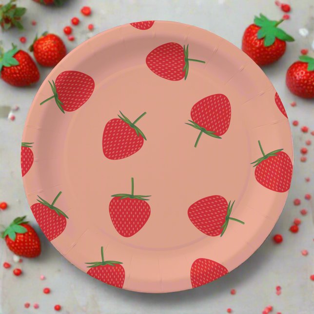 Red Strawberries Berry sweet Baby Shower Birthday Paper Plate (Creator Uploaded)