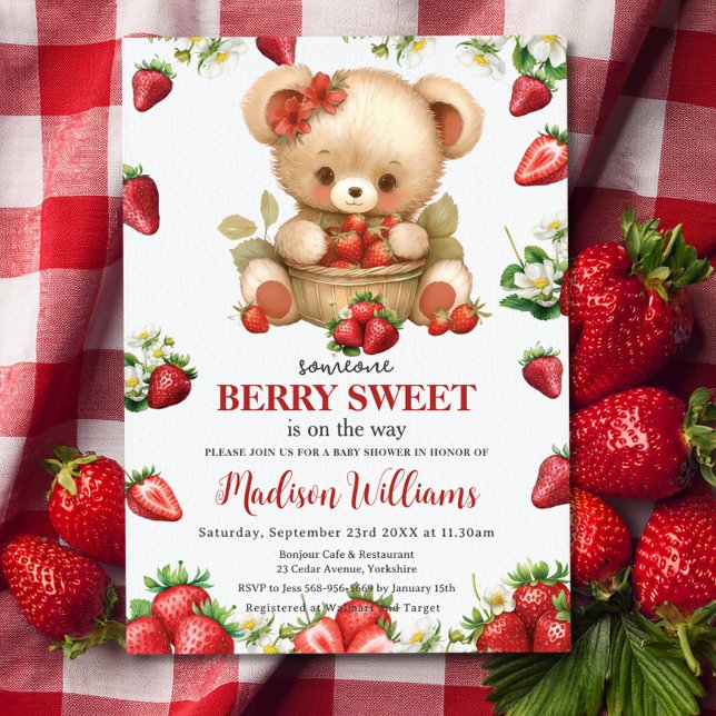 Red Strawberries Berry Sweet Bear Baby Shower   Invitation (someone berry sweet cute bear with basket of red strawberries baby shower invitation cards download )