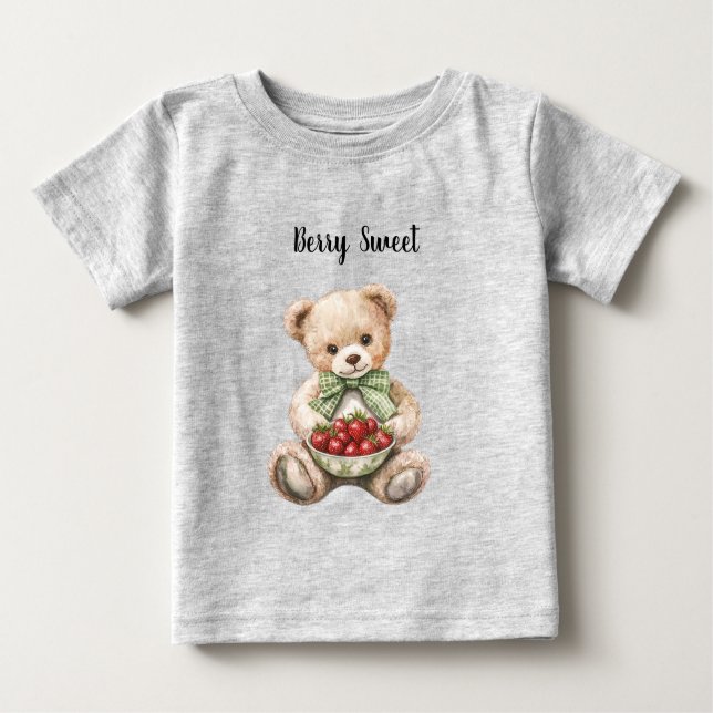 Red Strawberries Berry Sweet Green Bow Teddy Bear Baby T-Shirt (Front)