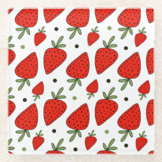 Red Strawberries Cartoon Seamless Pattern Glass Coaster