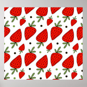 Red Strawberries Cartoon Seamless Pattern Poster