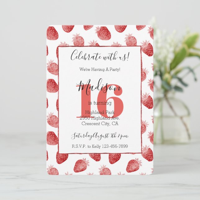 Red Strawberries Fruit 16th Birthday Invitation (Standing Front)
