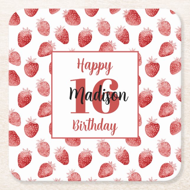 Red Strawberries Fruit 16th Birthday Square Paper Coaster (Front)