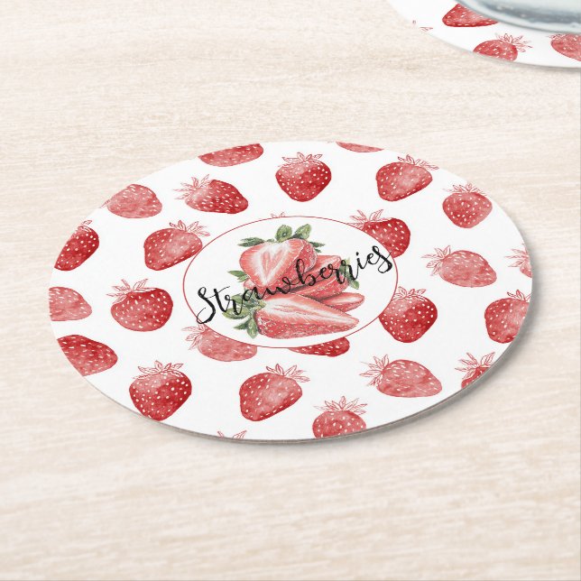 Red Strawberries Fruit   Round Paper Coaster (Angled)