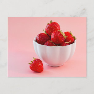 Red Strawberries In A White Bowl On Blush Pink Postcard