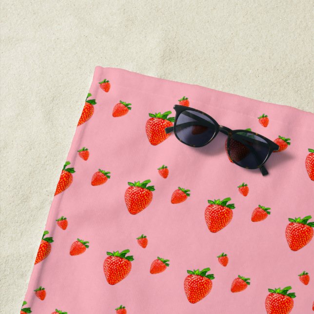 Red Strawberries on pink background   Beach Towel (In Situ)