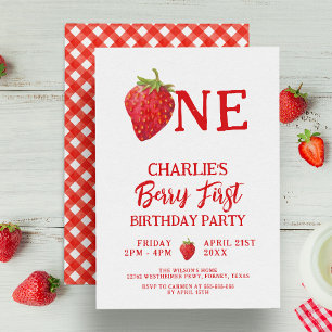 Red Strawberries Summer Berry First Birthday Invitation