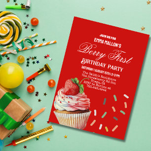Red Strawberry 1st Birthday Berry First Invitation
