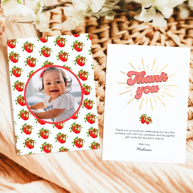 Red Strawberry 1st Birthday Berry First Thank You Card (Creator Uploaded)