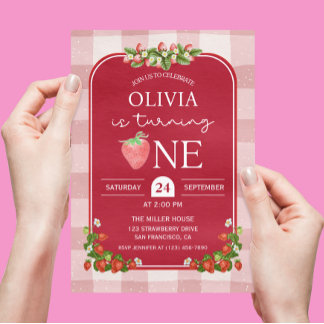 Red Strawberry 1st Birthday Girl Party Invitation