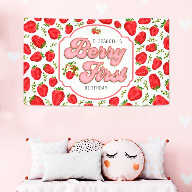  Red Strawberry 1st Birthday Party Berry First Banner (Creator Uploaded)