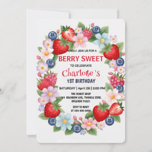 RED Strawberry 1st Birthday Party for kids Invitation