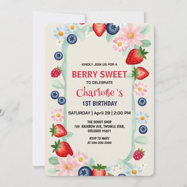 RED Strawberry 1st Birthday Party  Invitation (Front)