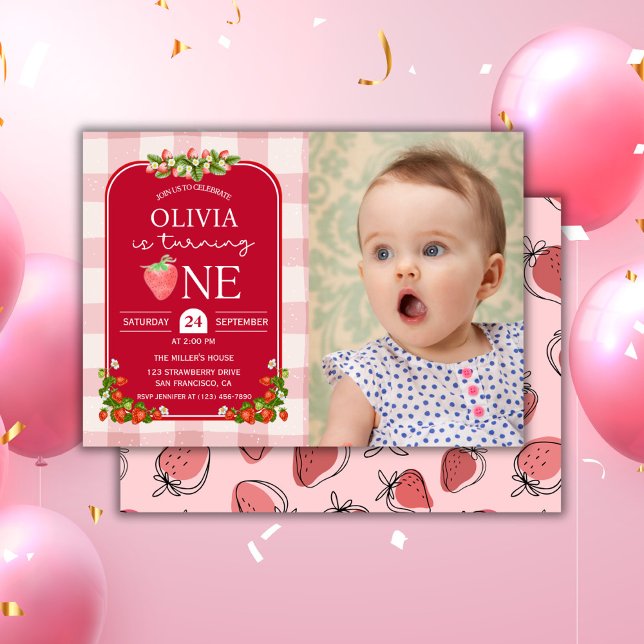 Red Strawberry 1st Birthday Photo Girl Party Invitation (Strawberry 1st birthday girl photo party invitation)