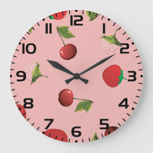 Red Strawberry and Cherry Pattern Pink Fruit Large Clock