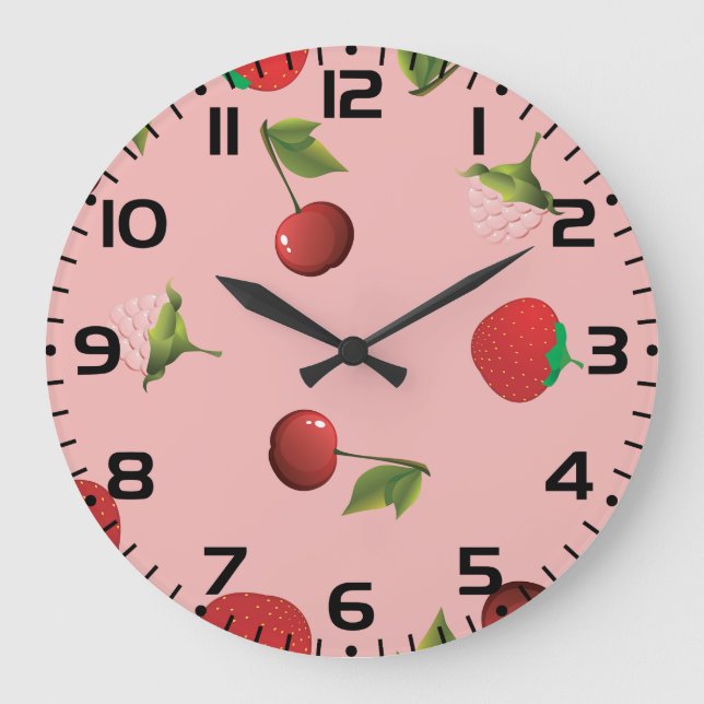 Red Strawberry and Cherry Pattern Pink Fruit Large Clock (Front)