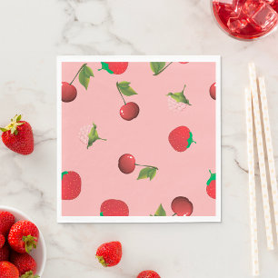Red Strawberry and Cherry Pattern Pink Fruit Napkin