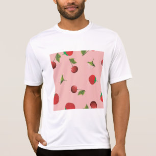 Red Strawberry and Cherry Pattern Pink Fruit T-Shirt