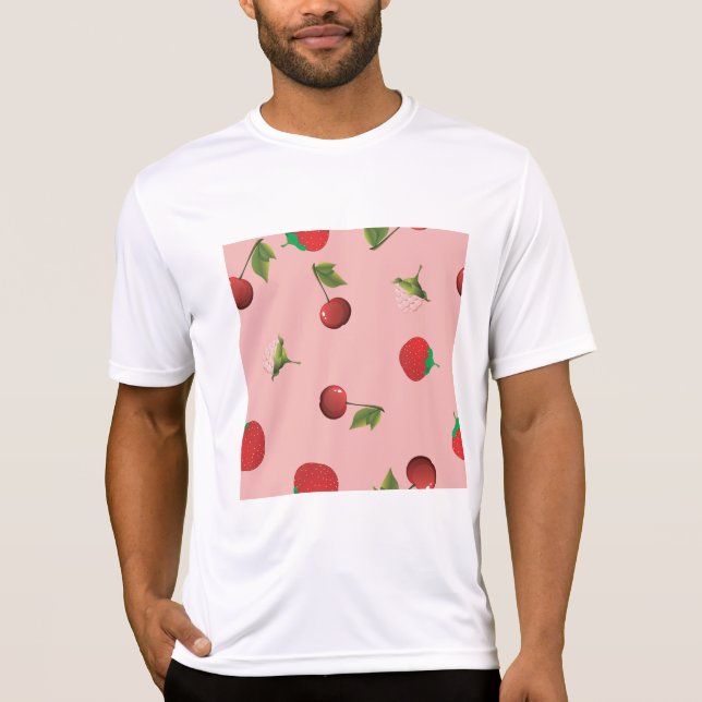Red Strawberry and Cherry Pattern Pink Fruit T-Shirt (Front)