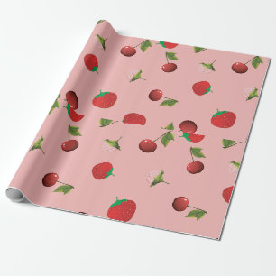 Red Strawberry and Cherry Pattern Pink Fruit Wrapping Paper
