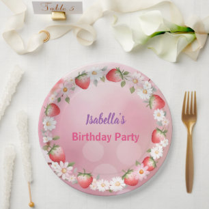 Red Strawberry berry Daisy Birthday Party for her Paper Plate