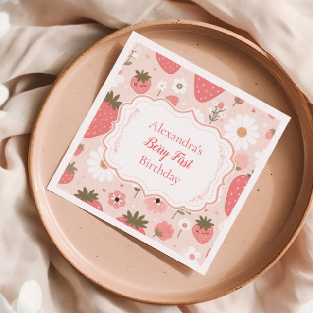 Red Strawberry Berry First 1st Birthday Party Napkin (Creator Uploaded)
