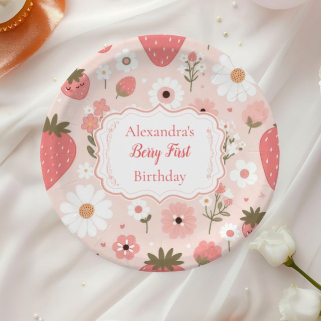 Red Strawberry Berry First 1st Birthday Party Paper Plate (Creator Uploaded)