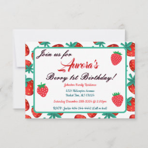 Red Strawberry Berry First Birthday Party Invitation