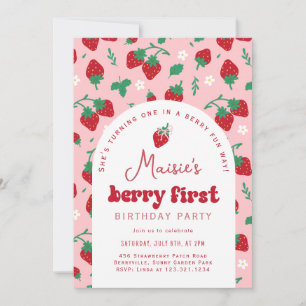 Red Strawberry Berry First Birthday Party Invitation