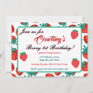 Red Strawberry Berry First Birthday Party Invitation