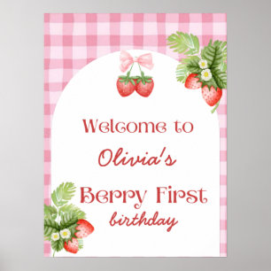 Red Strawberry Berry First Birthday Thank You Poster