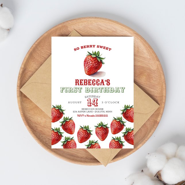 Red Strawberry Berry Sweet 1st Birthday Invitation (So Berry Sweet First Birthday Invitation)