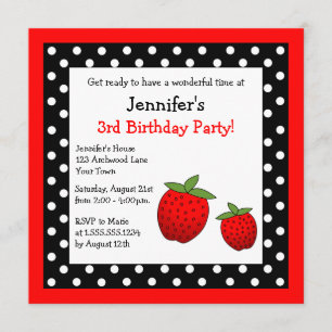 Red Strawberry Birthday Black & White Polka Dots Invitation